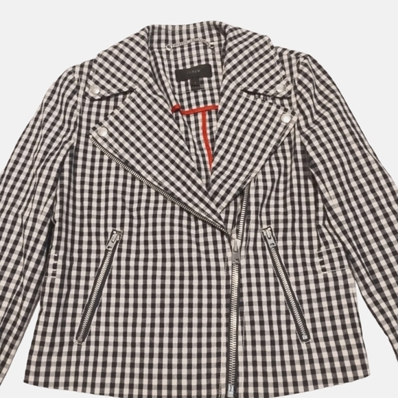 J. CREW Gingham Plaid Cropped Moto Jacket Blazer Blue-White‎ - Picture 4 of 9